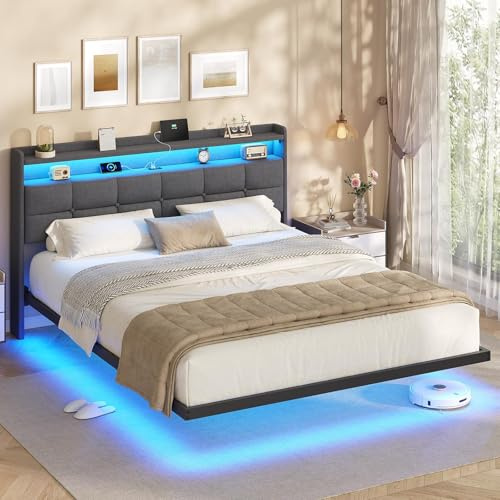 AOGLLATI Letto Matrimoniale 160x200 cm con Effetto Visivo Levitante, Struttura Letto con LED e Stazione di Ricarica, Letto con Testiera Imbottita e Struttura in Metallo, Senza Materasso, Grigio Scuro