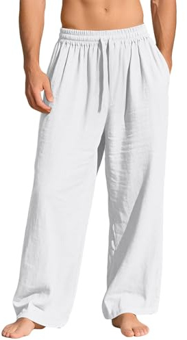 MakingDa Mens Baggy Linen Trousers Wide Leg Lounge Pants | Loose Fit, Linen Blend, Lightweight, Breathable, Elasticated Drawstring Waist, 3 Pockets, Casual Summer