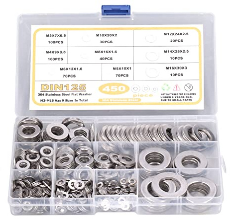 Flat Washer Sortiment, 450 Stück Edelstahl M3 M4 M5 M6 M8 M10 M12 M14 M16 - Langlebig, Vielseitig Einsetzbar Für Ölablassschraube Dichtung Kupferdichtringe