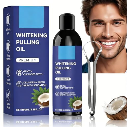 Coconut Oil Pulling Mouthwash for Teeth Whitening & Fresh Breath, Alcohol-Free & Fluoride-Free Natural Formula, 100ml with and Tongue Scraper Included