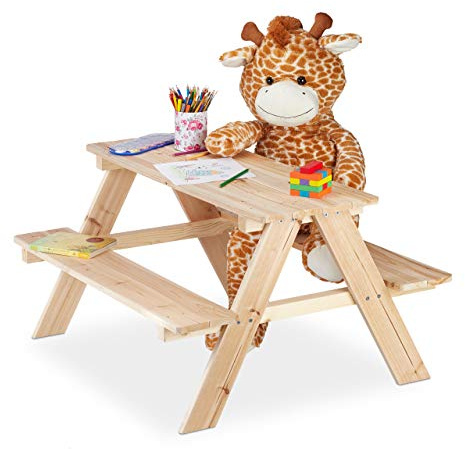 Relaxdays Kindersitzgruppe Holz, Picknicktisch für den Garten, Outdoor Gartenmöbel Kinder, HxBxT: 50 x 90 x 78 cm, natur