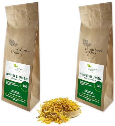VITA IDEAL Vegan® RINGELBLUMEN - Blütenblätter 2x 100g getrocknet - Calendula - Ringelblumenblümenblätter - RINGEL BLUMEN BLÜTEN BLÄTTER Kräuter Tee & Aufguss, ohne Zusatzstoffe.