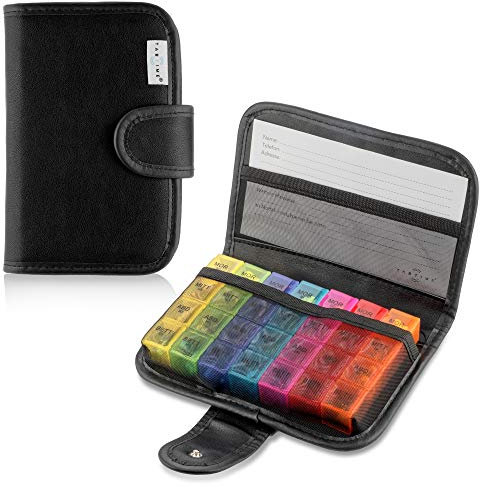 Tabtime schwarze Tablettenbox 7 Tage/Pillendose/Medikamentenbox 7 Tage mit deutscher Beschriftung, Wochendose mit 28 Fächern für Vitamine und Medikamente