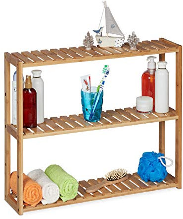 Relaxdays Wandregal Bambus, 3 Ablagen, höhenverstellbar, HBT: 50 x 60 x 15 cm, Bad & Küche, schmales Hängeregal, natur