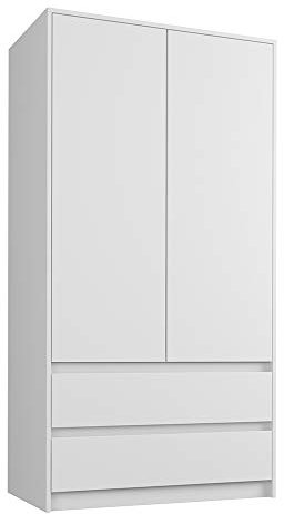 Framire B-9 Kleiderschrank in Weiß, 2-türiger Kleiderschrank, 2 Schubladen, Kleiderschrank für das Schlafzimmer, Wohnzimmer, Flur, 180 x 90 x 55 cm