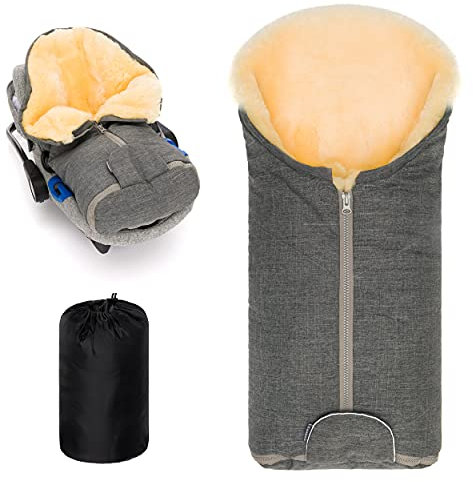 Zamboo Lammfell Fußsack für Babyschale und Kinderwagen Wanne - Universal Baby Winterfußsack aus Merino Lammwolle, für 3 Punkt und 5 Punkte Gurte - Grau