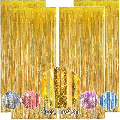 Lametta Vorhang Gold mit Glitzerpartikel,OEMG 4Stk 1x2.5m Party Glitzervorhang Lametta Gold,Foto Hintergrund Party Vorhänge,Glitzer Vorhang für Geburtstag Deko,Goldene Hochzeit, Abschluss Deko