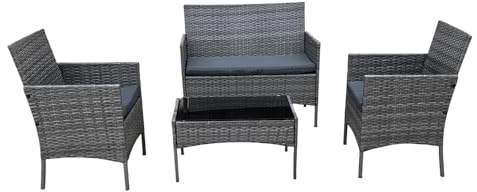 COZYBRITE Rattan Garden Furniture Sofa Set with Coffee Table Chairs 4 Seater for Outdoor Patio Balcony 6210-B (Mixed Grey+Dark Grey Cushions)