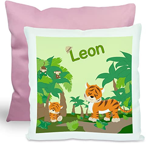 CreaDesign, Kinder Kissen 40x40 cm personalisiert mit Namen, Kinderzimmer Deko Kissen Kinder mit Füllung Federn, Motiv Dschungel, Rückenfarbe Rosa