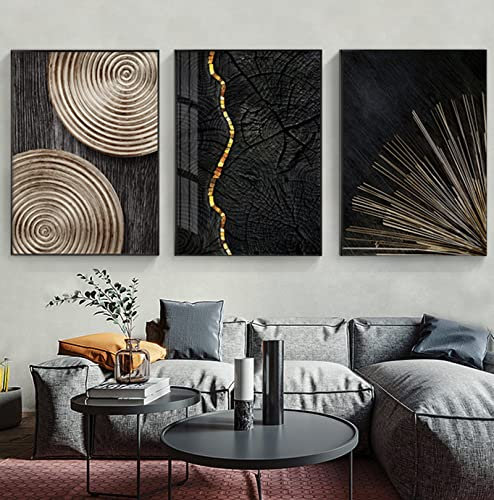 FSLEOVN 3er Abstrakt Poster Set 50x70 cm Schwarz Gold Jahresring Linien Wandbilder Wohnzimmer Abstrakt Bilder Gold Home Decoration Poster Ohne Rahmen (C,50x70cm x3)
