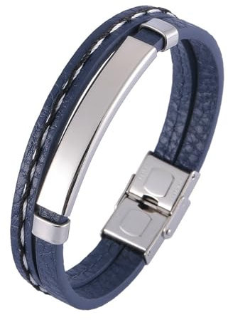 Bishilin Lederarmband Herren mit Gravur, Charms Armbänder Leder 12MM 2-Layer mit Schilde Sicherheitsverschluss Personalisiertes Armband Männer Schwarz 18.5CM