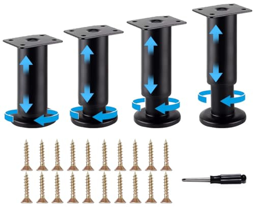 Worown 4 Stück Schwarz Möbelfüße Verstellbar, 12–18 cm Möbelfüße Höhenverstellbar mit Sockel, Kaltgewalzter Stahl Furniture Legs für Bett TV-Schrank, Sofa, Schrank, Badezimmerschrank