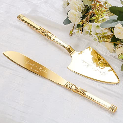 Cake Cutting Set for Wedding, Personalized Gold Cake Knife and Server Set, Custom Cake Serving Set, Engraved Pastry Pie Server Cake Pizza Cutter, Christmas Birthday Bridal Gift (Classic)