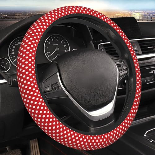 Elastischer Lenkradbezug mit roten Punkten, 15 Zoll, Autozubehör, rutschfest, atmungsaktiv und schweißabsorbierend, passend für Autolenkräder für Frauen und Männer