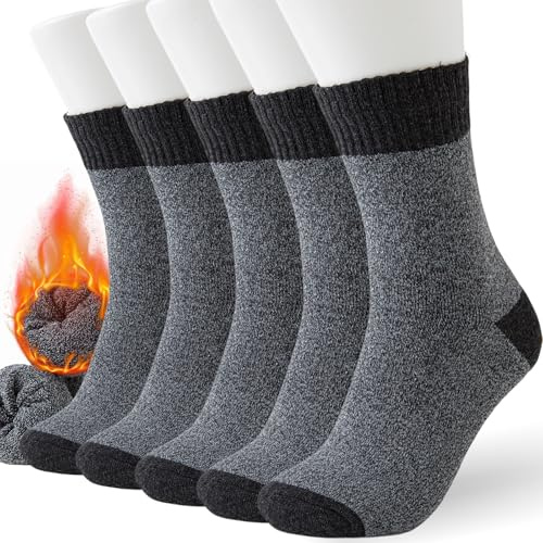 Josnown Calcetines Termicos para Hombre, 5 Pares Gruesos y Cálidos Calcetines de Lana, Diseño Suave y Acogedor de Rizo Completo, Cómodos Calcetines Transpirables para Invierno Frío, Talla 39-45