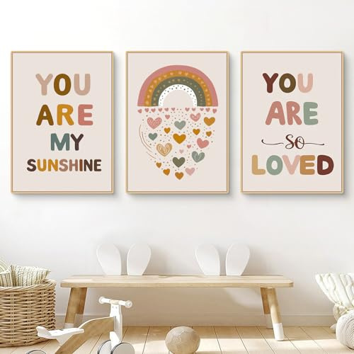 Ueiwffzo 3er Set Poster Kinderzimmer, Stilvolle Regenbogen Wandbilder Set ohne Rahmen, Boho Wand Deko Liebevolle Leinwandbilder für Kinderzimmer Babyzimmer (50 x 70 cm)