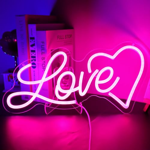 DWOOKE Love neonskylt, hjärta neon ljusrosa neonskyltar för väggdekor hjärta LED-skyltar USB-driven romantisk heminredning för bröllop födelsedag alla hjärtans dag present till flickälskare