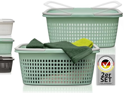 Hausfelder Wäschekorb, 2er Set, 58x37x25cm, Jadegrün | Wäschekorb mit Henkel 2er Set 35L Grün, Wäschewanne Plastik Tragbar 58x37x25cm
