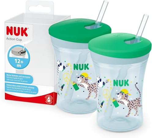 NUK Action Cup Trinkbecher für Kinder im praktischen Doppelpack | 12+ Monate | 230 ml | Drehdeckel mit weichem Strohhalm | auslaufsicher | BPA-frei | grün | 2 Stück