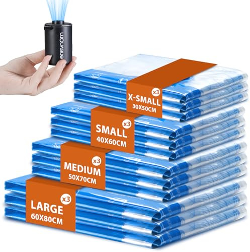 MONVANE Sac Sous Vide Vêtement Aspirateur et Pompe Électrique Sans Fil, 12 Pack - 3L 3M 3S 3XS, Économiseur d'Espace à Double Fermeture Éclair, Housse de Rangement pour Voyages