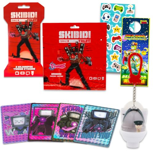 Skibidi Toilet Keychain Set - Bundle with Key Ring, Holographic Sticker and Blind Bag Plus More | Premium Collectible Trading Sticker and Hangers