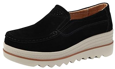 Mocasines de plataforma para mujer, zapatos de cuña sin cordones, informales, tonificantes, para caminar, zapatillas de gamuza con soporte de arco ortopédico, Black, 39 EU