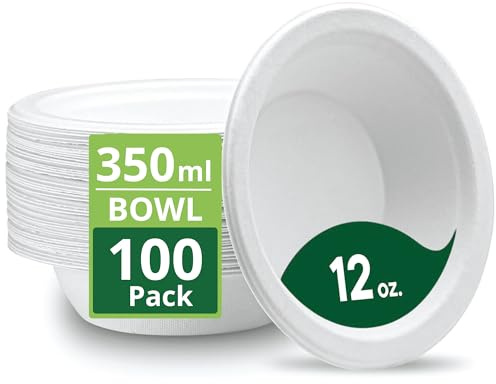 Strong Paper Bowls (350ml / 100 Pack) Disposable Compostable White Bagasse Bowls for Party – Biodegradable Eco-Friendly Microwavable Soup Bowl for Dessert Milk Salad Cereals - Christmas, Weddings