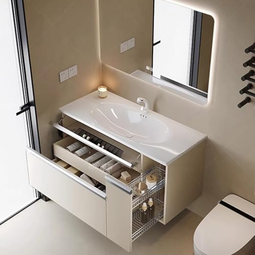 ARKCHIU Mueble De Baño con Lavabos Cerámicos Incluidos, Espejo Inteligente De Baño De Iluminación Led, Mueble De ParedBeige,70cm/28in