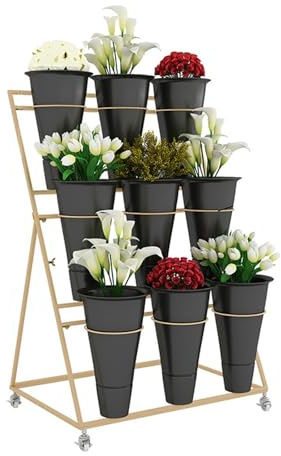 Soporte de exhibición de plantas de metal de 3 niveles con 9 macetas y 4 ruedas bloqueables, carrito de flores móvil para uso en interiores y exteriores, perfecto para ramos de jardín y floristería.