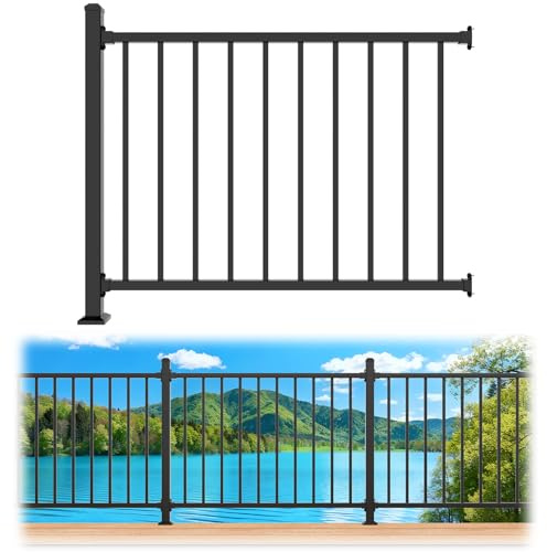 Guwezoy 1 Pack W.4ft x H.36in Aluminum Deck Railing Kits with Post, AAMA 2604–Grade Textured Matte Black Porch Railing Kit, Decking Railings for Outdoor Decks, Porches, Garden and Yard