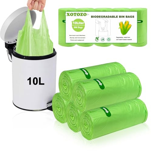 200 Count Biodegradable Bin Liners, 10 Litre Small Bin Bags with Tie Handle | 10L Food Waste Bags for Pedal Bins, Leakproof and Tear-Resistant Compostable, Recycled Food Waste Bags (Green 52 x 63cm)