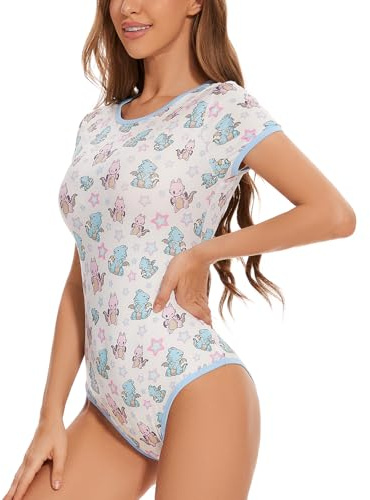 Somniumnight Sexy Adult Onesie Pjs for Women: Snap Crotch Romper Pajamas with Dinosaur & Dragon Print - Short Sleeves Casual Bodysuit - Loungewear Clothing Gift Idea (White 4XL)