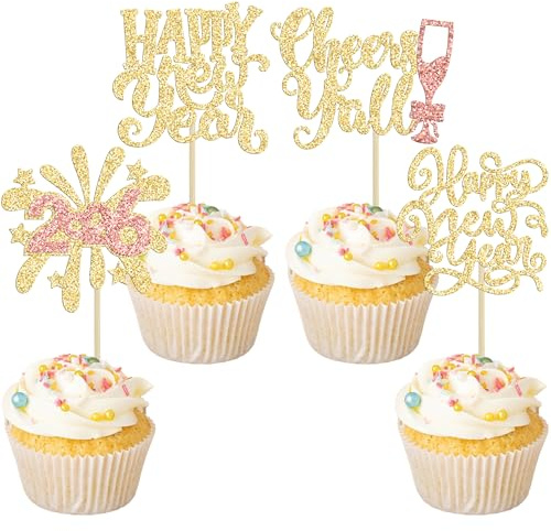 Ephlyn 24Pcs 2026 Happy New Year Cupcake Toppers Glitter Fireworks Clock Hello 2026 Cupcake Picks for Cheers to 2026 Happy New Year Theme Holiday Party Cake Decorations Supplies Gold