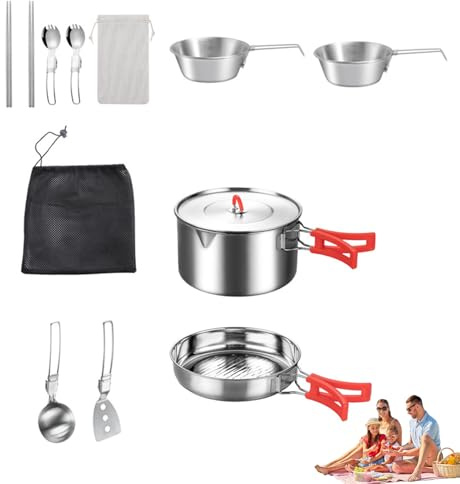 Set de Cuisine Camping | Casserole, Poêle Et Ustensiles en Acier Inoxydable - Ensemble De Casseroles De Camping avec Sac De Transport - pour Cuisine D'Extérieur Jardin Randonnée Pêche Trekking