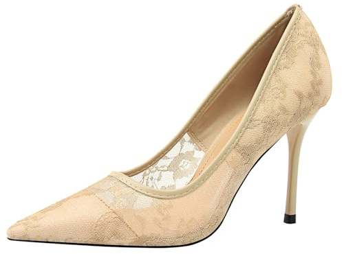 Décolleté con Tacco Stiletto ispirate al Pizzo da Donna Punta Affusolata Scarpe Eleganti per Feste ed Eventi,Cachi,39 EU