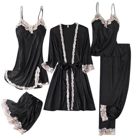 Womens Pyjama Set 5PCS Ladies Satin Silk Pyjamas Plus Size Floral Lace Trim Nightdress Camisole Shorts Pant and Slip Dress Dressing Gown with Chest Pad Carbo for Bridal Honeymoon Sleepwear