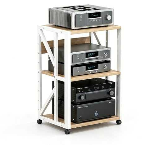 GJPXFR Supporto Multimediale AV, Rack Audio Mobile, Rack Stereo A 3, 4 E 5 Livelli Con Ruote, Supporto Per Giradischi Altezza Regolabile, Mobiletto Portaoggetti(White,3-Tier(A))