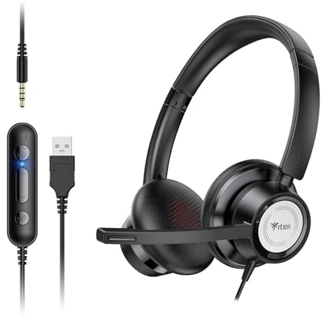 Itek Cuffia PC con Microfono Cuffie USB/3.5 mm Cancellazione del Rumore & Suono Stereo Nitido Auricolare Business per Skype Zoom MS Teams, Call Center
