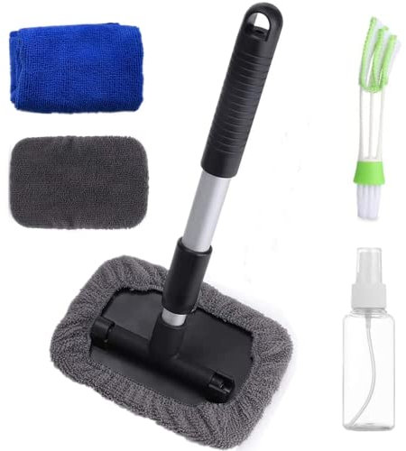 Kit de 5PCS, 180° 27-45cm Limpiador de Parabrisas Ventanas de Coche + Cepillo Limpiador de Ventilación, 100ml Botella Spray, Paño de Microfibra, Limpieza de Cristales para Coche Interior Exterior Casa