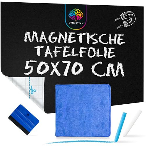 OfficeTree Pellicola magnetica per lavagna, autoadesiva, 50 x 70 cm, con gesso, panno e raschietto, pellicola magnetica, autoadesiva, colore nero