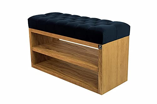 EMRA WOOD M-DEKO LPS-5 Polsterbank Schuhbank Chesterfield Gesteppt mit Ablage Bezug aus Velours Dunkelblau Gestell aus Holz Nach Maß (Höhe 55cm Tiefe 35cm, 80)