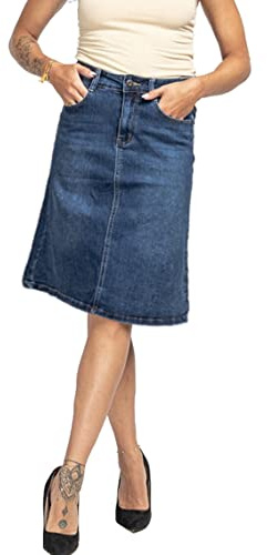 Van Der Rich ® - Jupe Jeans aux Genoux Style Evasée Tissu Extensible- Femme (Bleu,40)