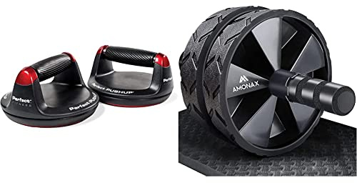 Perfect Fitness Liegestützgriffe Push Up, Fitnessgeräte für Zuhause, Schwarz, 2 Stück & Amonax Bauchroller, bauchtrainer ab roller, bauchmuskeltrainer ab wheel set, mit Rutschfester,
