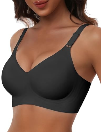 HORISUN Wireless Push Up Full Coverage Bra for Women Seamless Bras with Soft Support Comfort T Shirt Bralette (Black,L)