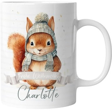 timalo® Kinder-Tasse Kunststoff Plastik bruchsichere Kindertasse mit Namen personalisiert „Frohe Weihnachten“ Jungen und Mädchen | Eichhörnchen-1