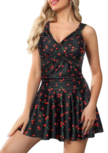 GRACE KARIN Women's Summer V-Neck One-piece Swimsuit Floral Swimsuit with Shorts Cherry on Black XXL