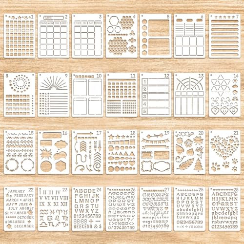 28 Stück Journal-Schablonen, Journal Zubehör, 18 X 12.2 Cm, Planer-Schablonen, Wiederverwendbare Journaling-Schablonen Für Journaling, DIY Scrapbooking, Kunstdekoration (Stil A)