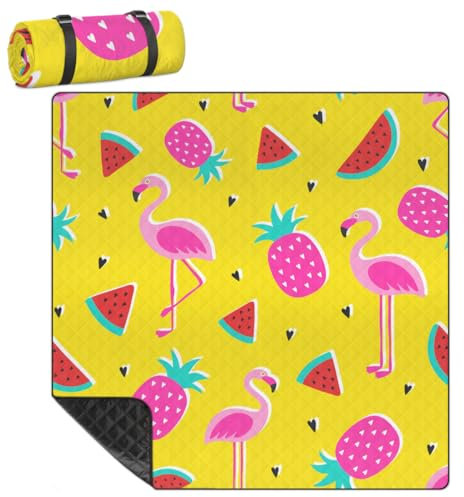 Mularoka Flamingo Picknickdecke, Wassermelone, Ananas, wasserdicht, sanddicht, faltbar, Stranddecke, 200,7 x 200,7 cm, extra groß, tragbar, waschbar, Outdoor-Matte für Camping, Park, Gras, Wandern,