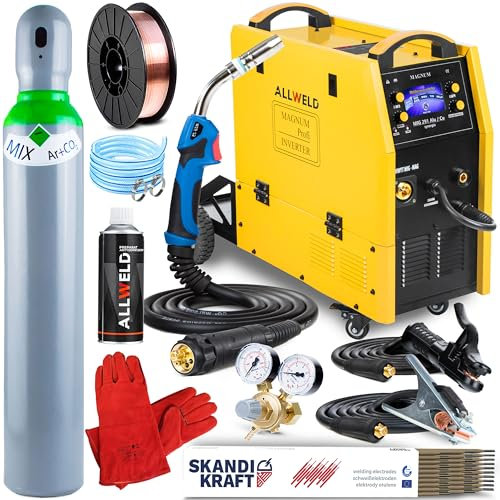 ALLWELD Magnum MIG 291 Alu Cu - 280A Vollsynergisches MIG MAG Schweißgerät mit Schutzgas und Fülldraht 400V - Lötschweißen, MMA, WIG DC - 4 Rollen Drahtvorschub - Set:Professional