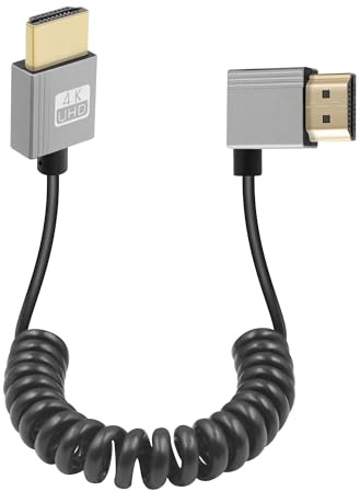 GELRHONR 4k Coiled HDTV Cable, High Speed 4K@60Hz - Thin Male to Male HDTV Extension Cord, Spring Flexible Cable for On-Camera Monitors,TV,Projector (Right Angle)